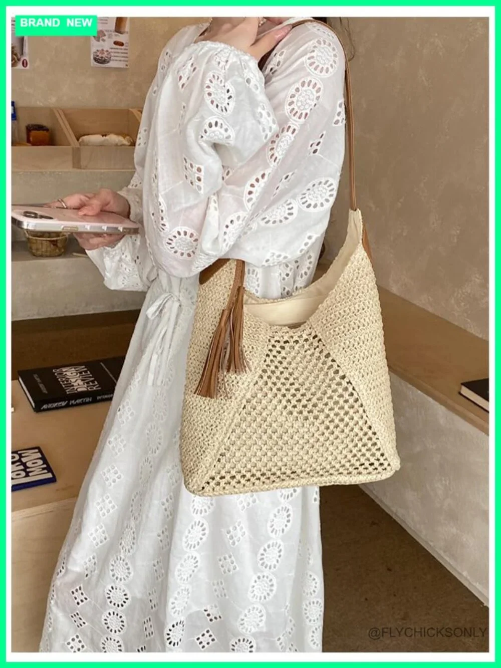 Hollow Crochet Straw Hobo Shoulder Bag with Tassel Decor PU Strap Woven Raffia